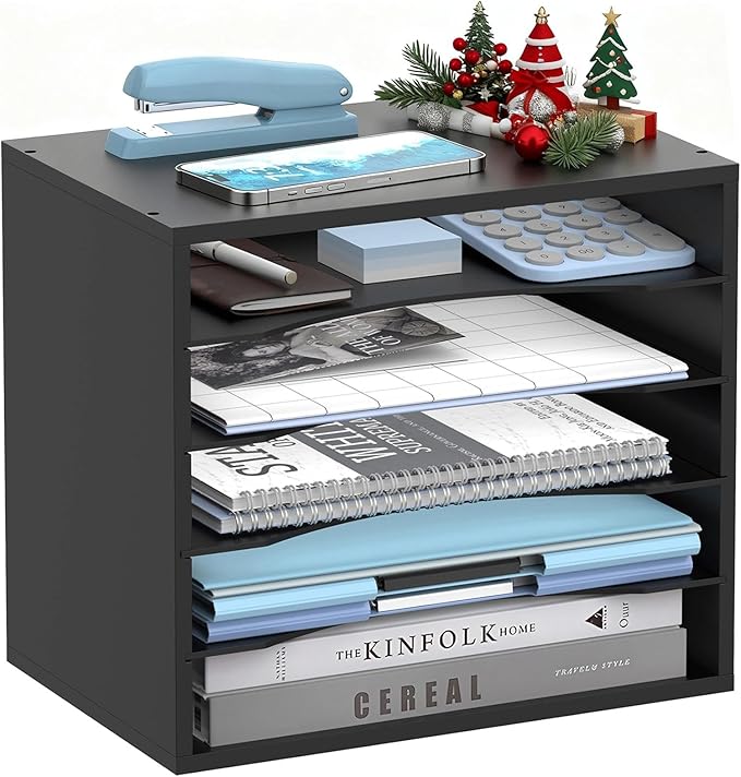 5-Tier Wood Desk Organizer, Paper Tray Organizer for Desk with Adjustable Storage Shelves, Desktop Paper Sorter Mail Holder for Office Home Classroom, Black