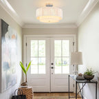 SineRise 16'' Rattan Flush Mount Ceiling Light Fixture,2-Tier Drum Hand-Woven Boho Flush Mount Ceiling Light,Farmhouse Light Fixture for Living Room,Kitchen,Bedroom Foyer Entryway ect.（White）