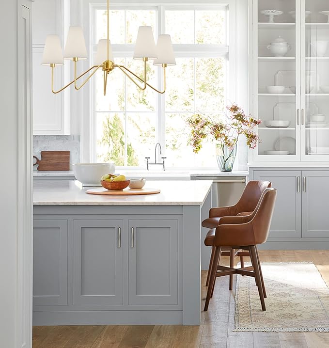 Electro bp;30" Dia 5-Arm Classic Chandeliers Polished Gold with White Linen Shades,Ceiling Light Fixture for Dining Room,Living Room,Entryway,E12,200W