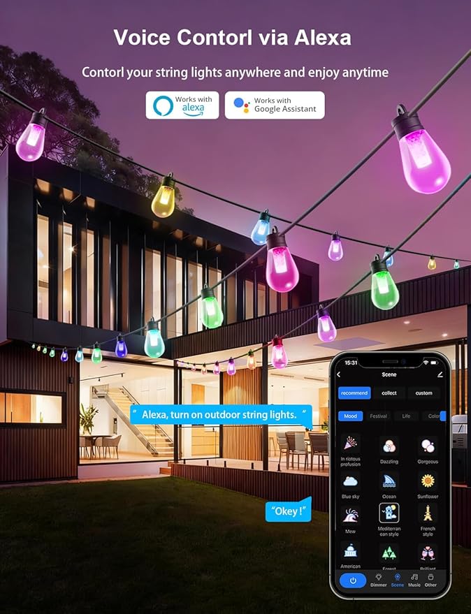 APPECK Smart Outdoor String Lights, 150ft Smart RGBW Outdoor Patio Lights with 45 LED Bulbs, Extendable, 111 Scene Modes, IP65 Waterproof Lighting for Outside, Halloween Decor, Compatible with Alexa