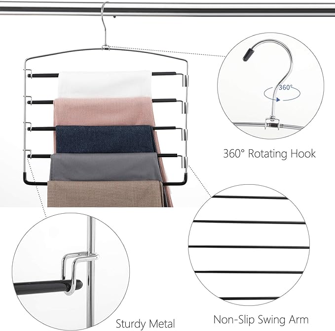 FeeraHozer Pants Hangers Non Slip 3 Pack Space Saving Hangers Multi-Layer Swing Arm Pants Hanger Stainless Steel Space Saver Hanger Closet Storage Organizer for Jeans Trouser Slacks Clothes (Black)