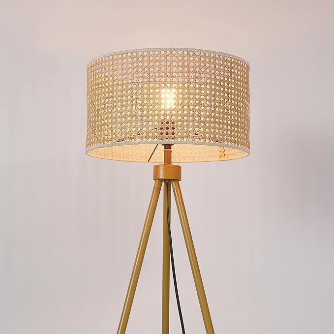 GLOBE Electric 65914 60" Floor Lamp, Faux Wood Tripod Base, Rattan Shade, On/Off Rotary Switch on Socket