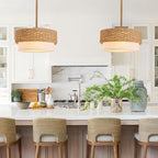 15in Boho Coastal Pendant Lights, 15in Woven Rattan Lighting Fixture, 2-Tier Rope Chandelier with Fabric Shade for Kitchen Island, Living Room, Dining Room, Bedroom, Restaurant