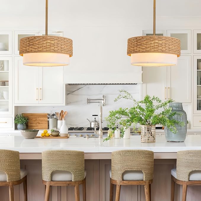 15in Boho Coastal Pendant Lights, 15in Woven Rattan Lighting Fixture, 2-Tier Rope Chandelier with Fabric Shade for Kitchen Island, Living Room, Dining Room, Bedroom, Restaurant