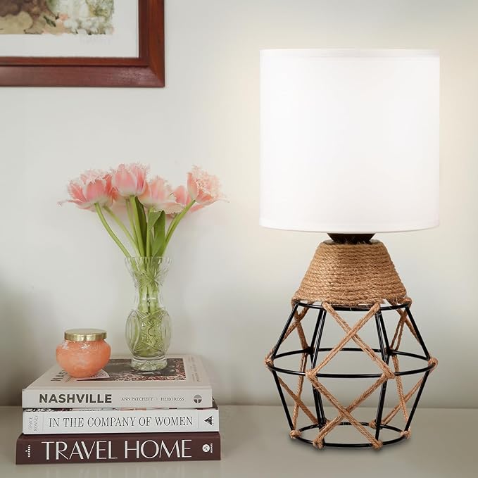 Hamilyeah Boho Lamp, Woven Table Lamp for Nightstand with On/Off Switch, Bedroom Lamp with White Fabric Shade, Simple Table Light for Bedside, Living Room