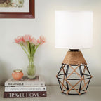 Hamilyeah Boho Lamp, Woven Table Lamp for Nightstand with On/Off Switch, Bedroom Lamp with White Fabric Shade, Simple Table Light for Bedside, Living Room