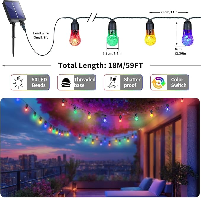 Solar String Lights Outdoor Waterproof - Upgrade 59Ft Pear-Style Multi Color Large Globe String Lights Solar Powered with Remote, Color Changing Solar Patio Lights for Outside Camping Tent Decor