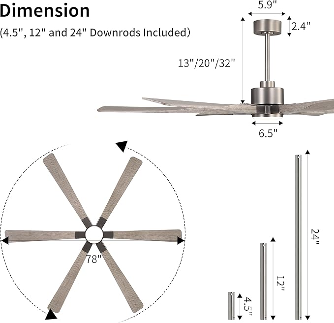 78 Inch Ceiling Fan with Lights and Remote Control, 6 Reversible ABS Blades, 6-Speed Noiseless DC Motor with 4.5" / 12" / 24" Downrods for Bedroom Dining Living Room, Antique Nickel and Gray