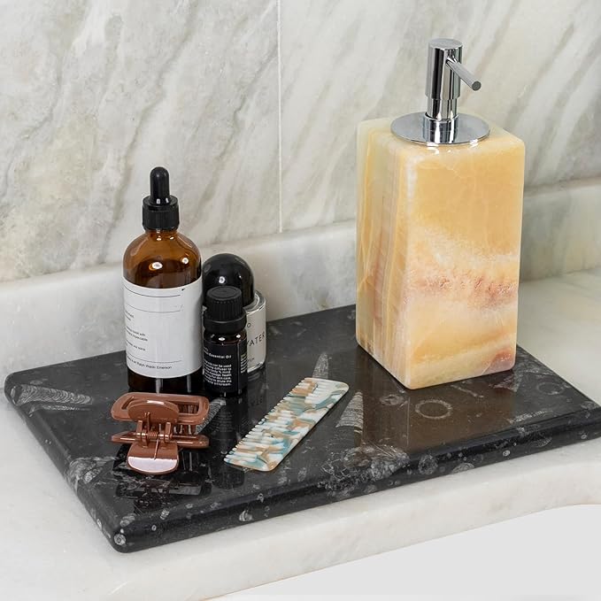 Natural Moroccan Fossil Stone Tray - Black Marble Decorative Serving Board for Charcuterie, Cheese, Pastry - Jewelry, Candles, Perfume, Trinket Plate, Kitchen & Home Decor Centerpiece 12"x 8"