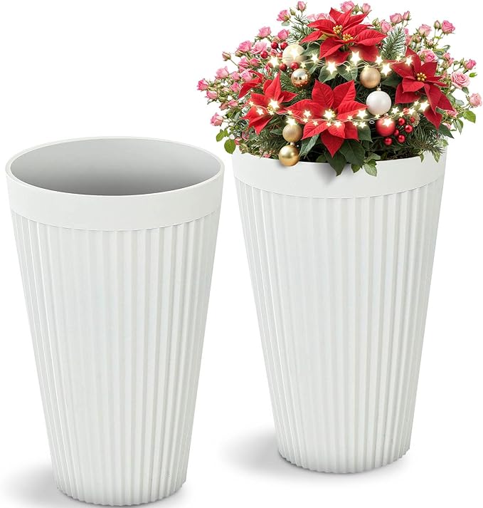 20" Resin Tall Planters for Outdoor Plants,Set of 2 Matt White Large Flower Pots with Handmade Fluted Texture,Heavy-Duty and Resistant for Year Round Indoor, Ideal for Christams Decoratione