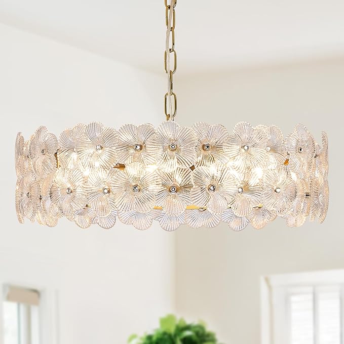 Modern Clear Flower Glass Chandelier 20" Elegant 6 Lights Gold Chandelier Light Fixture Luxury for Living Dining Room Kitchen Entryway Bedroom Foyer, E12