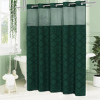 No Hooks Boho Dark Green Woven Fabric Shower Curtain 72 x 86 Modern Farmhouse, Tufted Chevron Striped Shabby Chic Textured, Minimalist Hookless Shower Curtains for Bathroom, Hotel Decor