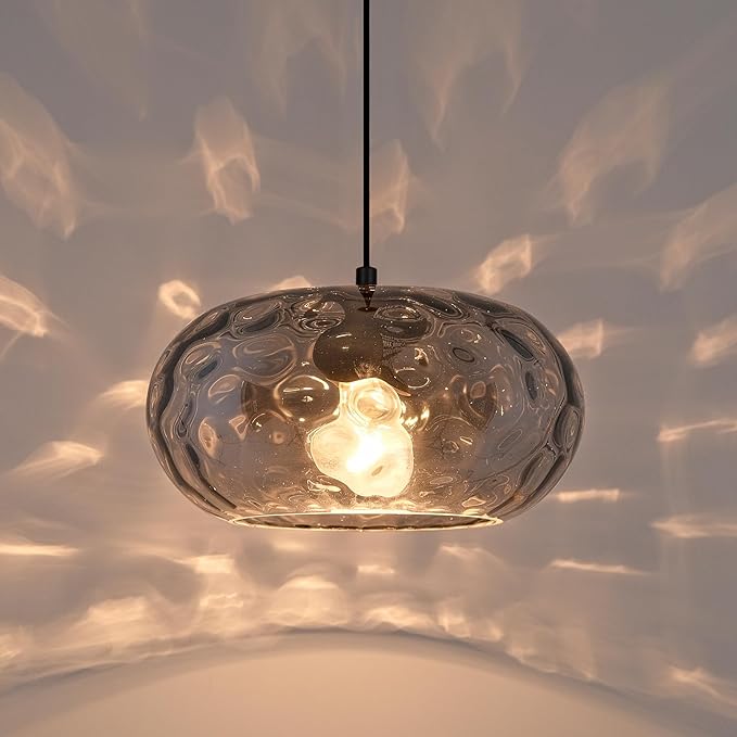 Smoked Grey Glass Pendant Lighting, 11" Hammered Lampshade Hanging Lamp, 1-Light Matte Black Chandelier for Dining Living Room Kitchen Island