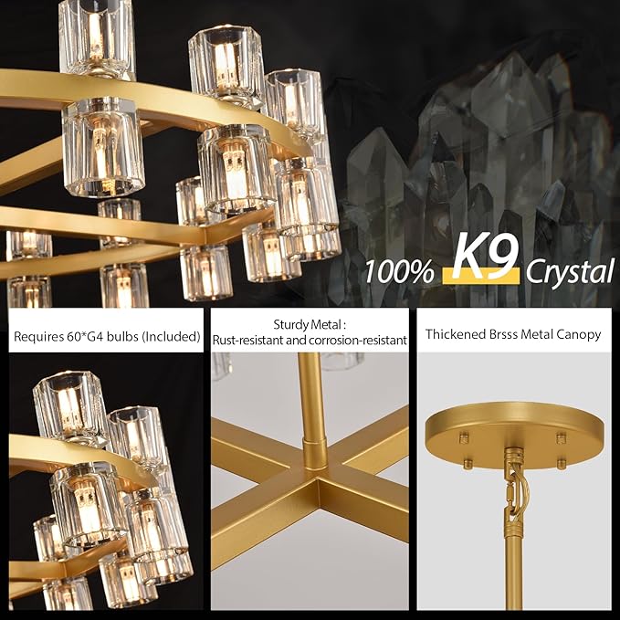 Modern 60 inch Gold Round Chandelier, Extra Large Chandeliers Crystal Chandeliers for Living Room, Large Wagon Wheel Chandelier for Foyer, Staircase, Entrance,Includes Bulb