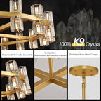 Modern 60 inch Gold Round Chandelier, Extra Large Chandeliers Crystal Chandeliers for Living Room, Large Wagon Wheel Chandelier for Foyer, Staircase, Entrance,Includes Bulb
