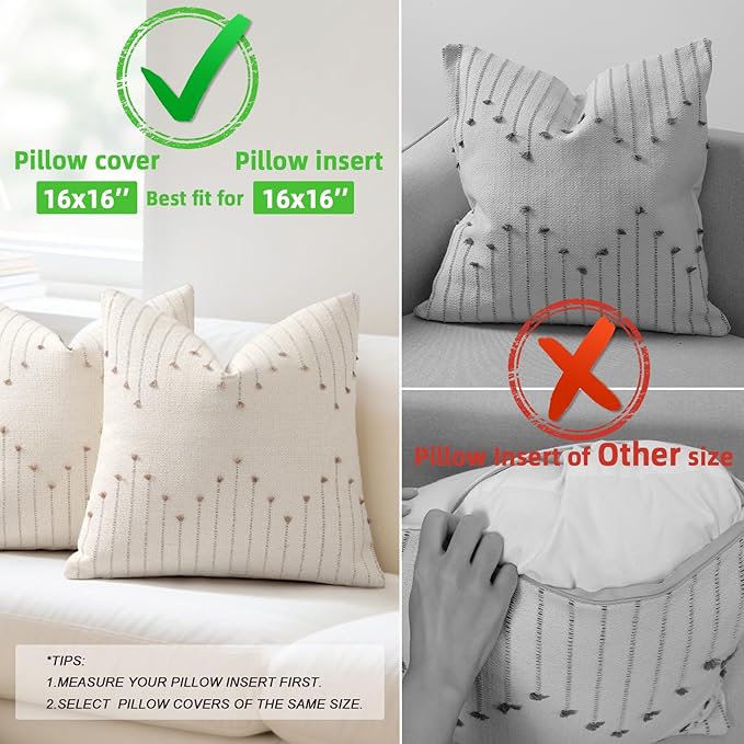 YCOLL Boho Throw Pillow Covers 16x16 Set of 2 Neutral Woven Decorative Pillowcases Cotton Tufted Couch Pillows Modern Farmhouse Accent Cushion Covers for Sofa Couch Bed Living Room Home Decor, Khaki