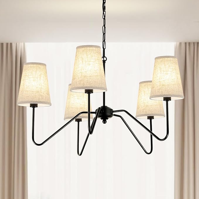 Chandelier with Linen Shade, Black Dining Room Light Fixtures Over Table, Classic Pendant Light Fixtures Ceiling Hanging Lighting for Living Room Bedroom, 5-Arm, 30" Dia
