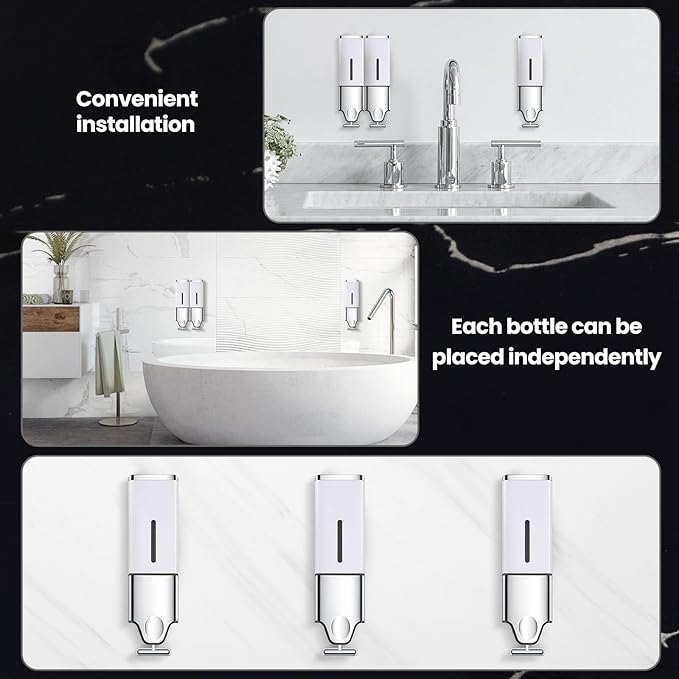 3-in-1 Quadrate Dispensers for The Shower,Shower soap Dispenser,Conditioner Dispenser, Shampoo Dispenser,No Drilled Wall Mounted Distributor,Hotel,Bathroom,Home (Triple, White)