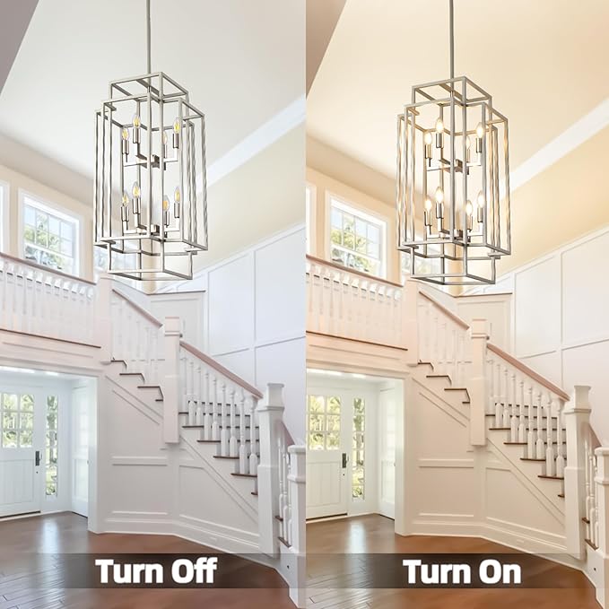 Sliver Foyer Chandelier High Ceiling: Modern 8-Light Farmhouse Lantern Chandeliers for Entryway Industrial Large Pendant Light Fixtures for Entry Staircase Hallway Dining Room Kitchen Island
