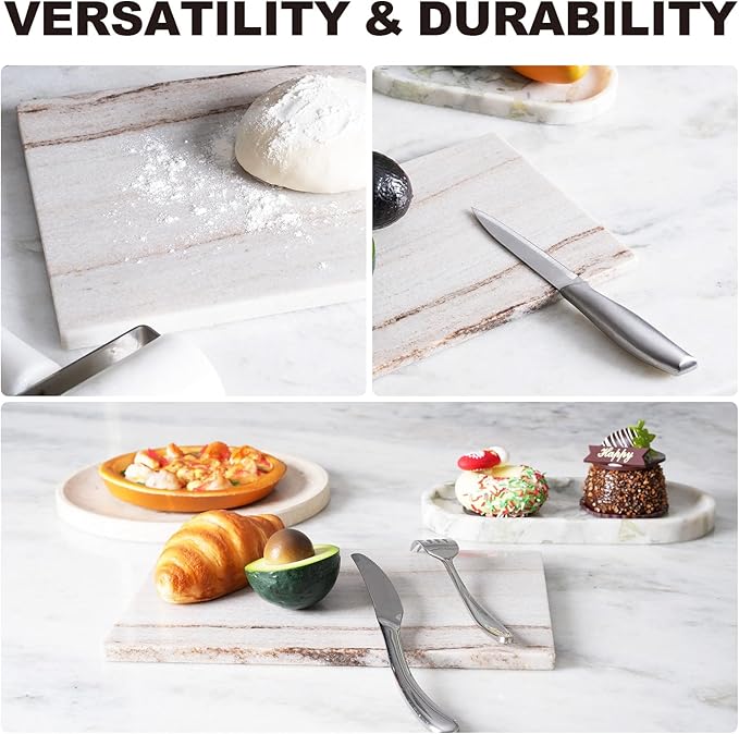 Natural Marble Cutting Boards for Kitchen - 12" x 8" Multi-Purpose Pastry Marble Tray Cheese Board Marble Slab for Counter, Bathroom Perfume Tray Jewelry Candle Plate (Crystal White Wooden)