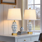 RORIANO Chinoiserie Ceramic Table Lamps Set of 2 for Living Room Bedroom Bedside, Traditional Blue Porcelain Classic Table Lamp for Nightstand Entryway, 2 LED Bulbs Included (Gold)