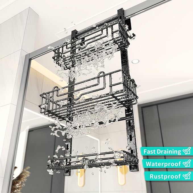 HapiRm 3 Tier Over the Door Shower Caddy, Hanging Shower Caddy with 16 Hooks and 2 Soap Holders, No Drilling Adjustable Hanging Bathroom Organizer - Black