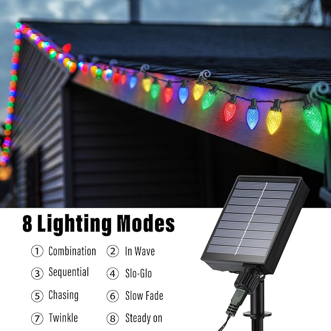 iBaycon Solar C9 Christmas Lights Outdoor, 65FT 100LED C9 Strawberry String Light, 8 Modes Solar Powered Lights String for Xmas Tree House Eaves Roof Christmas Holiday Decorations