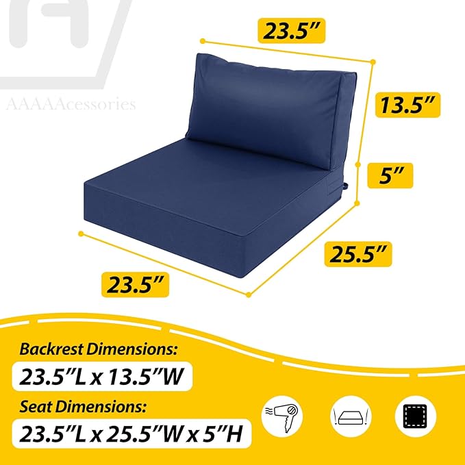 AAAAAcessories Outdoor Deep Seat Cushions, Waterproof, Fade-Resistant Patio Furniture Replacement Cushions, 23.5" x 25.5" x 5" + 23.5" x 13.5", Set of 4, Navy Blue