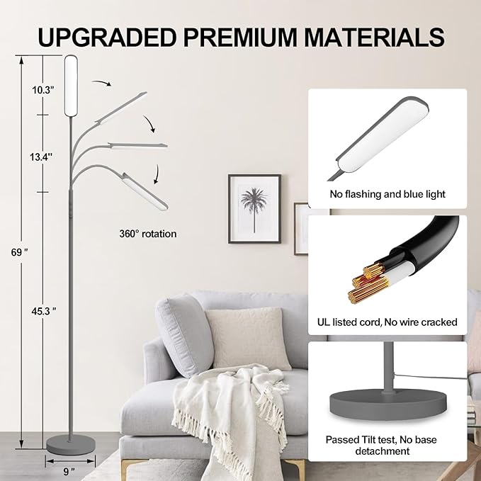 Grey LED Floor Lamp, 18W 1800LM Bright Floor Lamps with Remote & Works with Smart Plug, Dimmable Timing Eye Caring Reading Light Modern Standing Floor Lamp for Living Room Bedroom Office