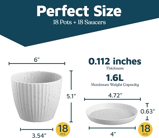 White Gray 6-Inch Plant Pots with Drainage & Saucers 18 Pack, Indoor & Outdoor Planters for Houseplants, Herbs, and Flowers, Durable & Weatherproof Material, Stackable, Lightweight, Minimalist Design