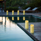 Amagic 4” x 9” Large Outdoor Waterproof Flameless Candles with Remote, Battery Operated Candles with Timer, Flickering Fake LED Pillar Candle for Patio Garden Wedding Decor, Dark Ivory, Set of 2