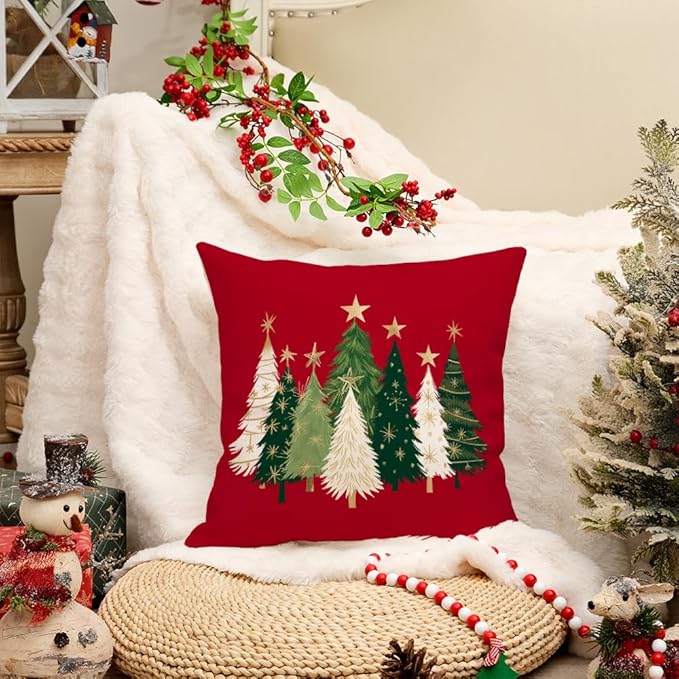 AACORS Christmas Pillow Cover 16X16 Inch Watercolor Christmas Tree Stars Decoration Holiday Farmhouse Winter Pillow Case for Sofa Couch Decor（Red） AA231-16