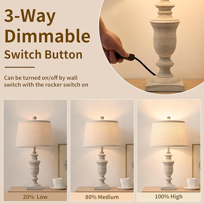 23" Farmhouse Table Lamps Set of 2, 3 Way Dimmable Lamps with 2 LED Bulbs and Rocker Switch, Vintage Nightstand Lamp for Bedroom Living Room Office End Table Entryway, Antique Grey