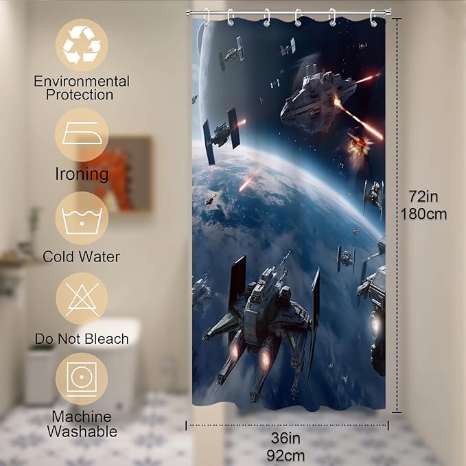 Universe War Cool Shower Curtain Bathroom Bathtubs Funny Planet Science Fiction Movie Theme Fabric Shower Curtain Set with 6 Hooks 36x72 inch Polyester Machine Washable, Blue Grey
