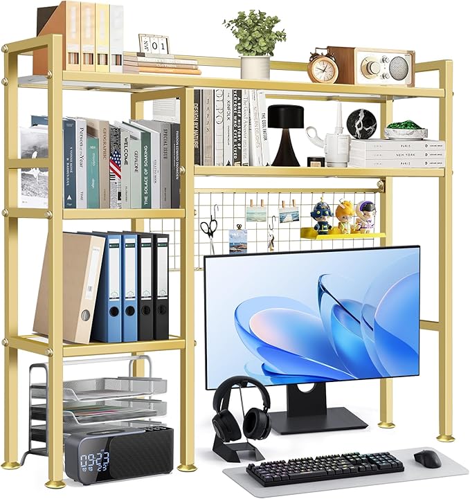 Desk Shelf，37.5" Desk Shelves and Desk Organizer Shelf，4 Tier Riser Storage Rack，Modern Desk Hutch for Home Office Dorm，Iron and Wood, Gold