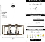 8-Light Metal Geometric Chandelier，Large Kitchen Pendant Lighting Over Island，Farmhouse Dining Room Light Fixture，Wood Grain Finish and Black Modern Chandelier