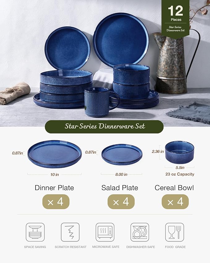 Famiware Star Dinnerware Sets, Plates and Bowls Set for 4, 12 Pieces Ribbed Dishes - Chip and Scratch Resistant, Microwave and Dishwasher Safe Tableware, Nebulas Blue