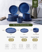 Famiware Star Dinnerware Sets, Plates and Bowls Set for 4, 12 Pieces Ribbed Dishes - Chip and Scratch Resistant, Microwave and Dishwasher Safe Tableware, Nebulas Blue