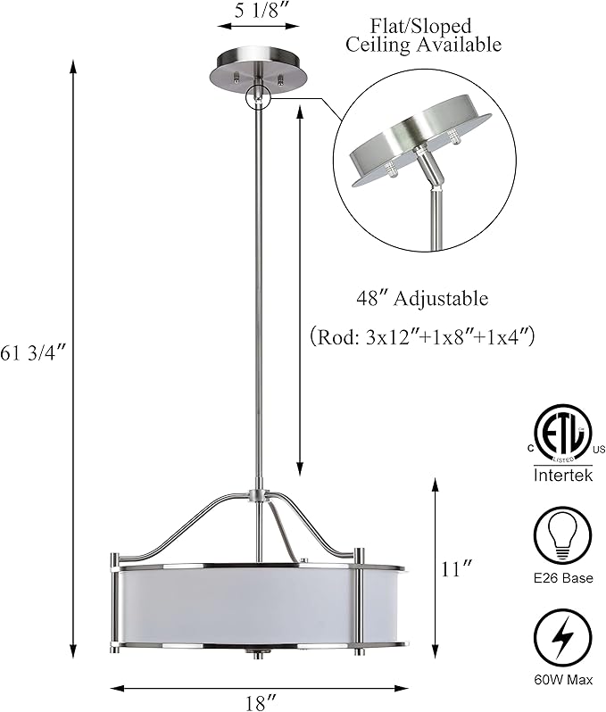 XiNBEi Lighting Pendant Lighting 18 inch 3 Light Drum Pendant Light with Fabric Shade and Glass Diffuser in Brushed Nickel, Classic Convertible Drum Chandelier for Living & Dinning Room XB-P1199-BN