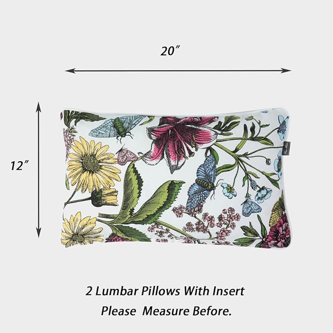 Water Resistant Outdoor Lumbar Pillows for Patio Furniture,12x20 Inch Decorative Pillows Set of 2 with Insert,Hidden Zipper Headrests for Sofa Couch Chair(Butterfly Flower)
