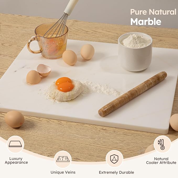 Diflart Natural Marble Stone Cutting Board for Kitchen, 16x20 Inch, White with Gold Veins, Marble Slab Pastry Board Large with Non-Slip Feet for Baking, Cheese, Charcuterie, Chocolate, Pack of 1 Pcs