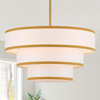 19.7" Gold Drum Chandelier with White Fabric Lampshade 3-Tier Modern Farmhouse Chandelier Light Fixture for Dining Room, Kitchen Island, Foyer, Entryway Bedroom