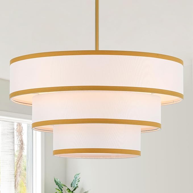 19.7" Gold Drum Chandelier with White Fabric Lampshade 3-Tier Modern Farmhouse Chandelier Light Fixture for Dining Room, Kitchen Island, Foyer, Entryway Bedroom