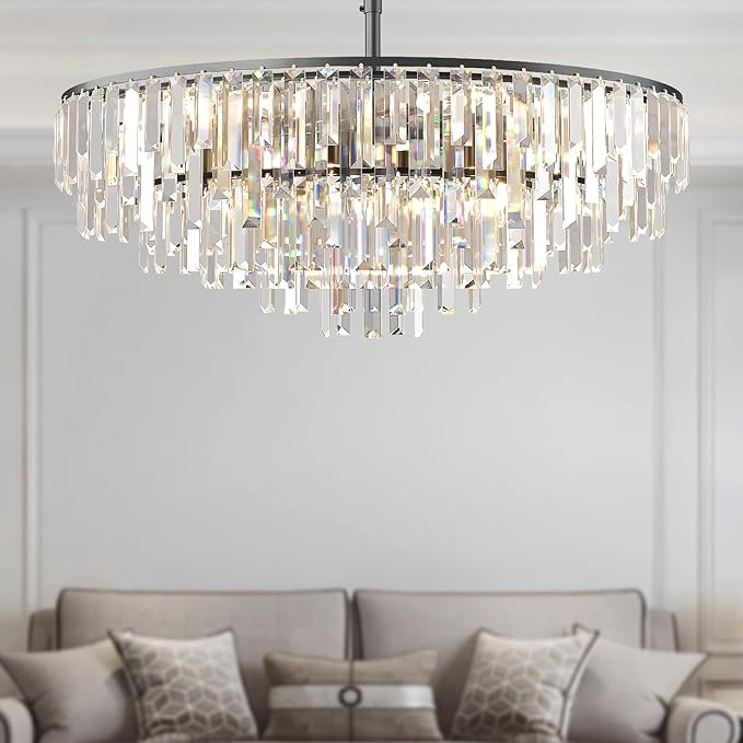 Modern Crystal Chandelier Black, 32" Round Luxury Top K9 Crystal Chandeliers 6-Tier 13 Lights Large Adjustable Height Ceiling Hanging Pendant Light Fixture for Living Room Bedroom Foyer