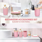iMucci Bathroom Accessories Set 5Piece Pink Bathroom Sets, Toothbrush Holder, Toothbrush Cup, Lotion Soap Dispenser, Soap Dish and Qtip Holder Bathroom Decor