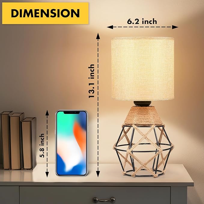 Hamilyeah Woven Table Lamps Set of 2, Boho Bedside Lamps with Fabric Shade, Farmhouse Lamps for Night Stands with On/Off Switch, Modern Industrial Desk Lamps for Bedroom, Living Room, Office
