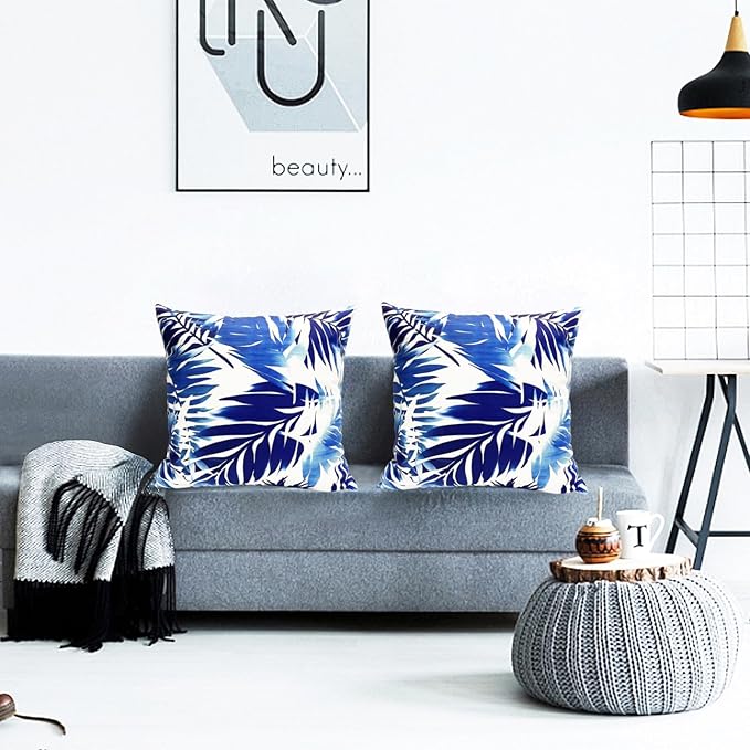 Decorative Throw Pillow Covers Set of 2 Blue Leaves of Tropical Pillow Covers 18x18 inch Soft Short Plush Square Throw Pillows,Farmhouse Outdoor Pillow Covers for Couch Sofa Living Room