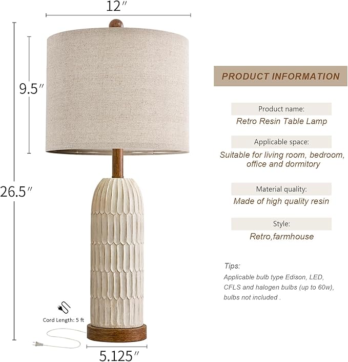 OYEARS 26.5" Table Lamp Set of 2 for Bedroom Living Room with USB A+C Charging Ports Modern Farmhouse Bedside End Lamps Rustic Nightstand Lamps,Brown