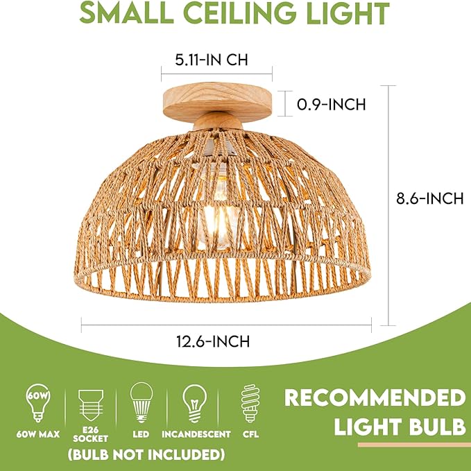 Boho Light Fixtures Ceiling Rattan Lights Boho Chandelier Flush Mount Ceiling Light Wooden Canopy Woven Lamp Shade Small Chandelier for Hallway Foyer Entrance Bedroom Kitchen Nursery Lighting Fixture