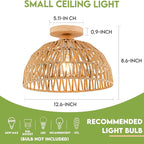 Boho Light Fixtures Ceiling Rattan Lights Boho Chandelier Flush Mount Ceiling Light Wooden Canopy Woven Lamp Shade Small Chandelier for Hallway Foyer Entrance Bedroom Kitchen Nursery Lighting Fixture